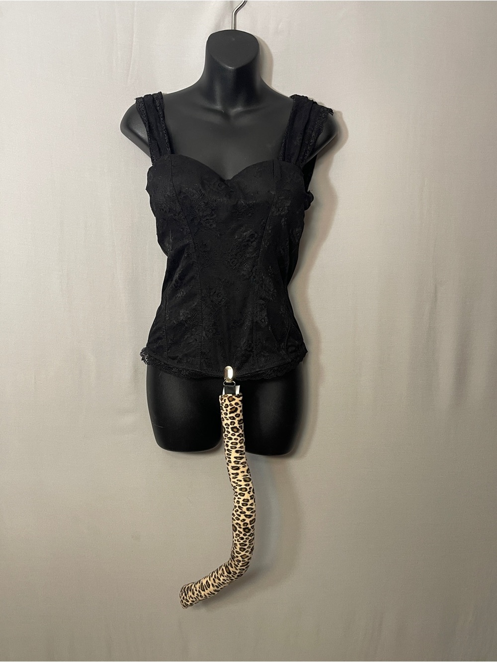 Spirit Halloween Black Lace Corset Top & Leopard Tail Set Cat Costume L